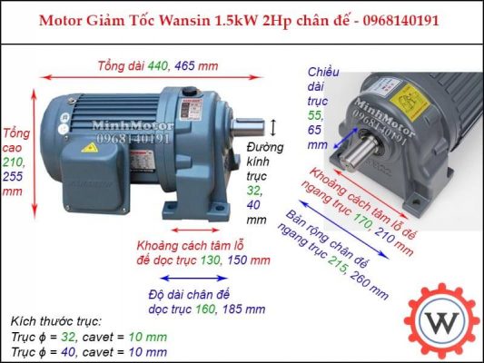 Thông số bản vẽ motor giảm tốc wansin 2hp 1.5kw chân đế